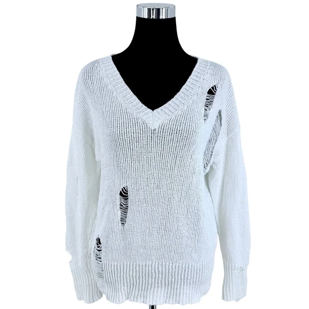 Vtg 90s Saks Fifth Avenue White Distressed V-Neck Sweater | Grunge Indie Sleaze - Picture 8 of 16
